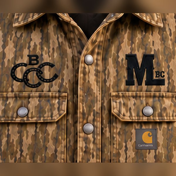 Embroidered BCCC monogram and Mud & Lotus logo above the jacket pockets