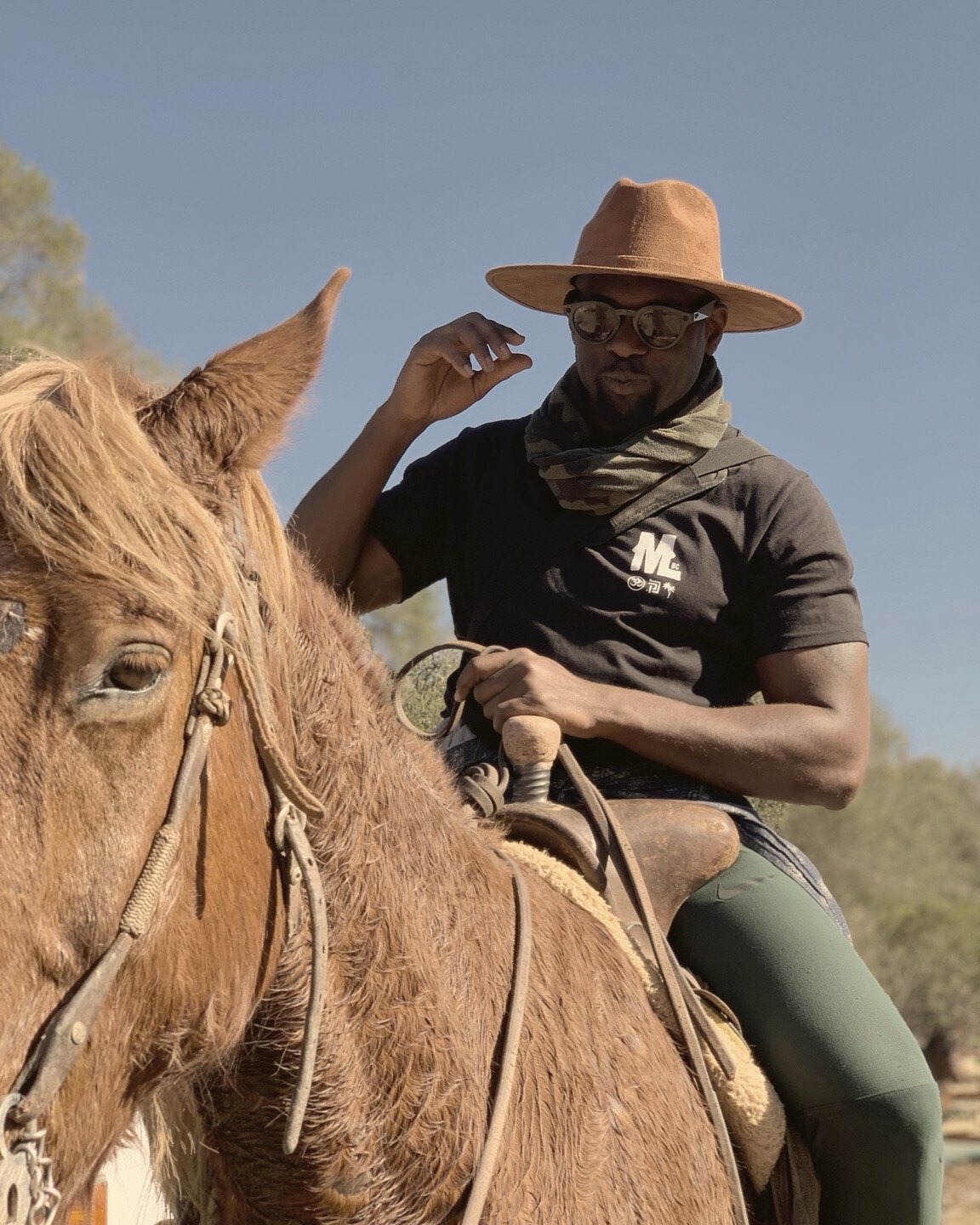 A rider wearing a brown hat and sunglasses sits on a chestnut horse in bright daylight.