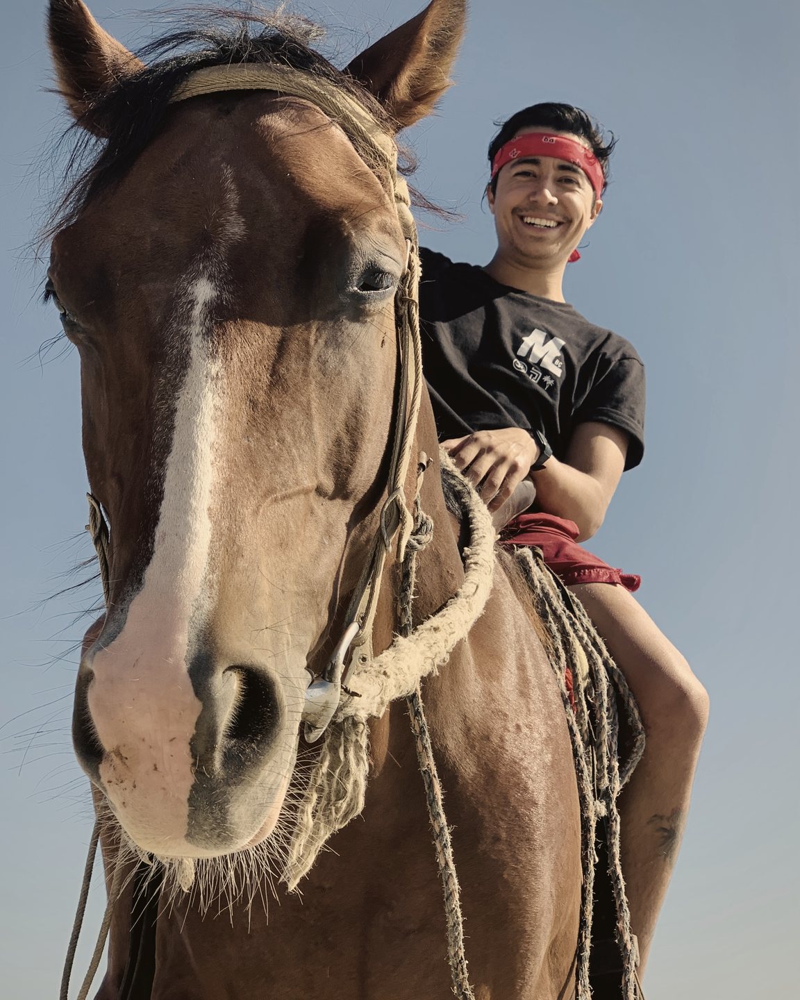 A smiling rider in a red bandana, seen from below beside his chestnut horse's face, against a blue sky.